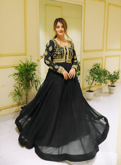 Front Sequin Neck & Sleeves Embroidered Chiffon Maxi with Trouser Set (2PC)