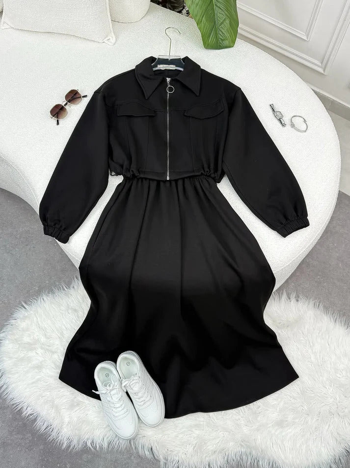 Winter Arrival Zipper Jacket & Sleeveless Long Frock Fleece Set (2Pc)