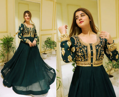 Front Sequin Neck & Sleeves Embroidered Chiffon Maxi with Trouser Set (2PC)