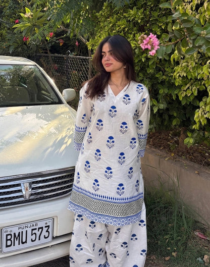 Blueberry Printed Cotton Kurti & Farshi Shalwar Set (2PC)