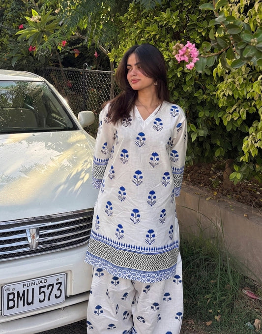 Blueberry Printed Cotton Kurti & Farshi Shalwar Set (2PC)