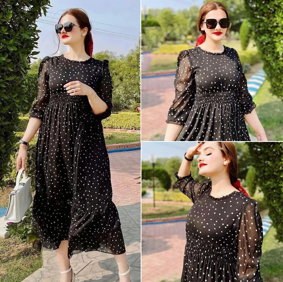 Polka Dot Printed Chiffon Tiered Maxi Dress with Attached Inner