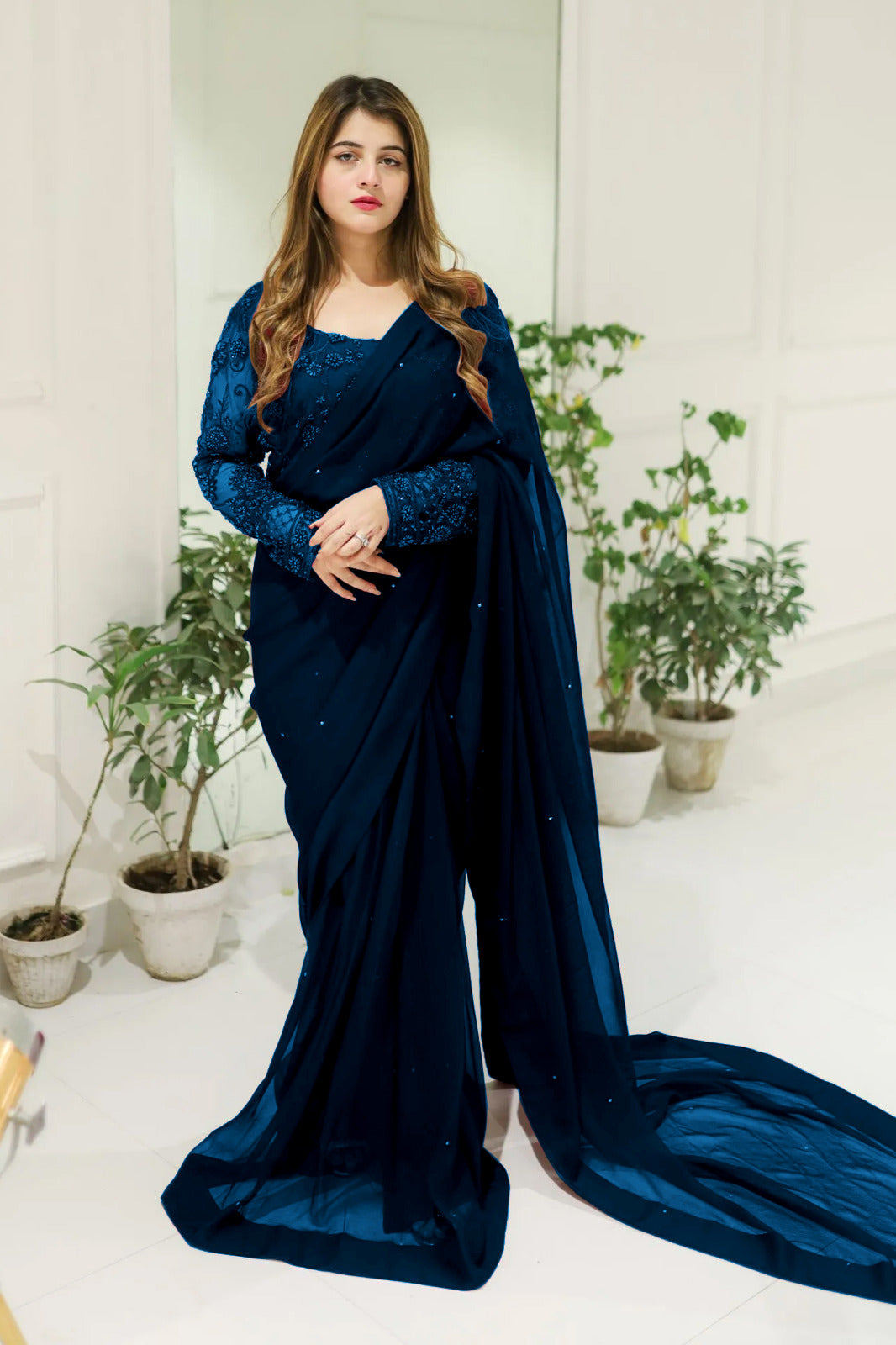 Pearl Embellished Pearl-Work Stitched Saree Set (3PC)