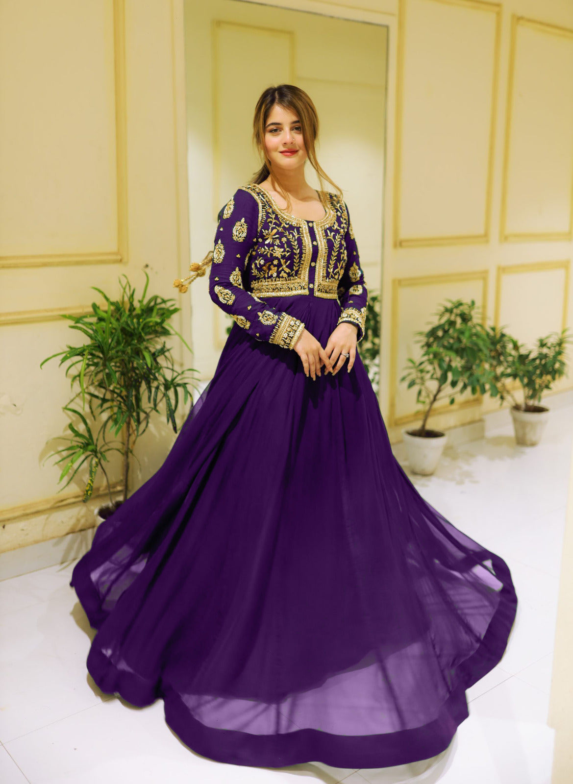 Front Sequin Neck & Sleeves Embroidered Chiffon Maxi with Trouser Set (2PC)