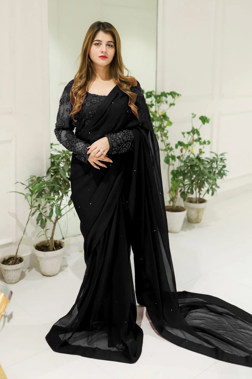 Pearl Embellished Pearl-Work Stitched Saree Set (3PC)