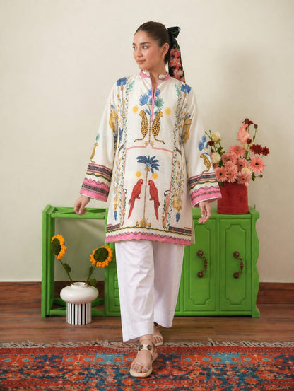 Tropical Safari Kurta & Farshi Shalwar | Ecru & Pink