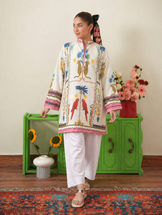 Tropical Safari Kurta & Farshi Shalwar | Ecru & Pink