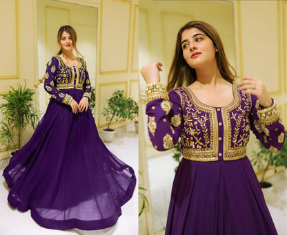Front Sequin Neck & Sleeves Embroidered Chiffon Maxi with Trouser Set (2PC)