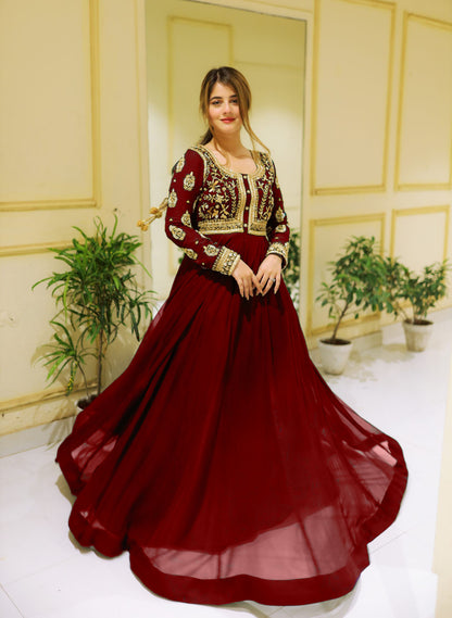 Front Sequin Neck & Sleeves Embroidered Chiffon Maxi with Trouser Set (2PC)