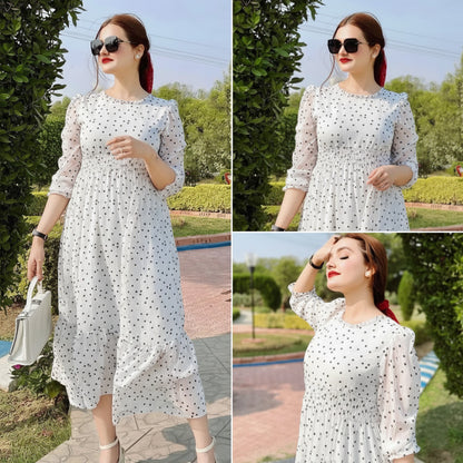 Polka Dot Printed Chiffon Tiered Maxi Dress with Attached Inner