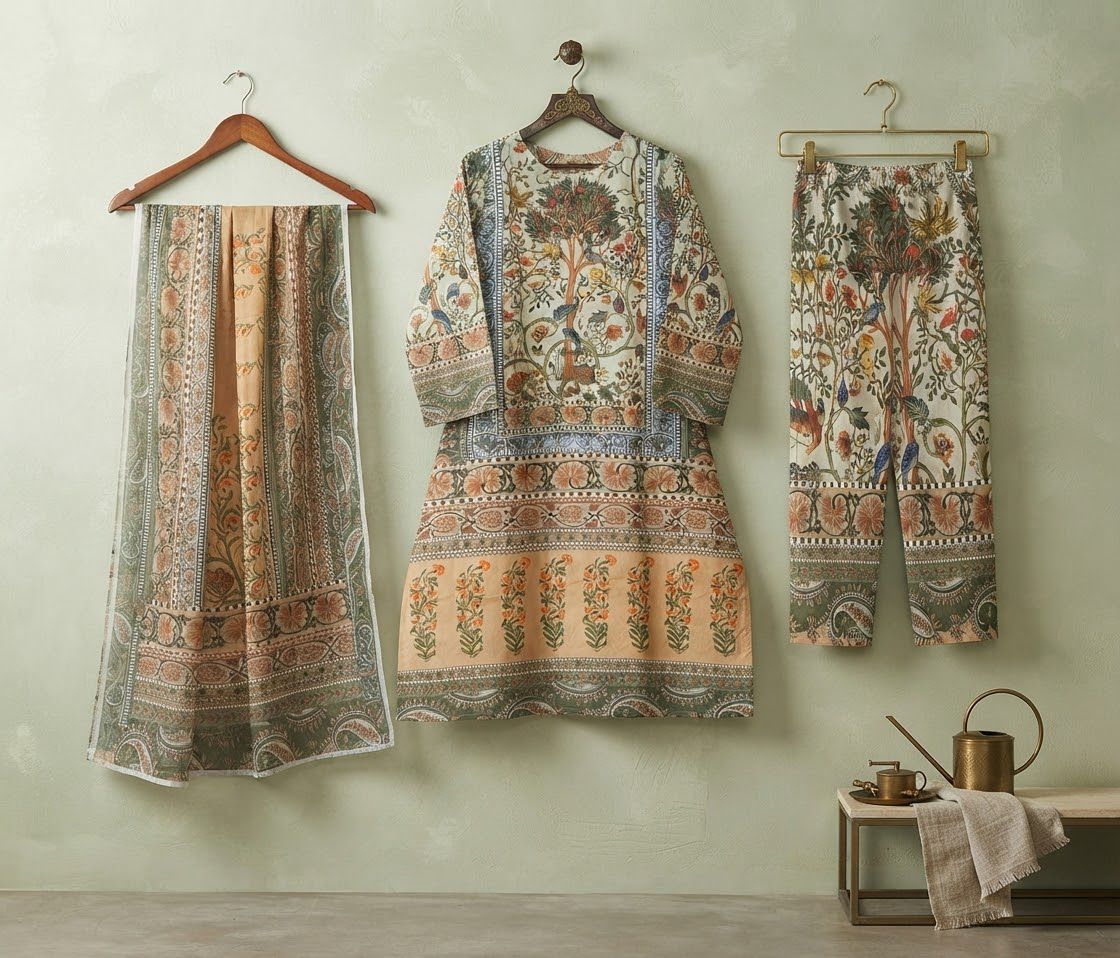 Tree of Life Kalamkari Printed Lawn Frock & Farshi Shalwar Set (3PC)