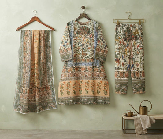 Tree of Life Kalamkari Printed Lawn Frock & Farshi Shalwar Set (3PC)