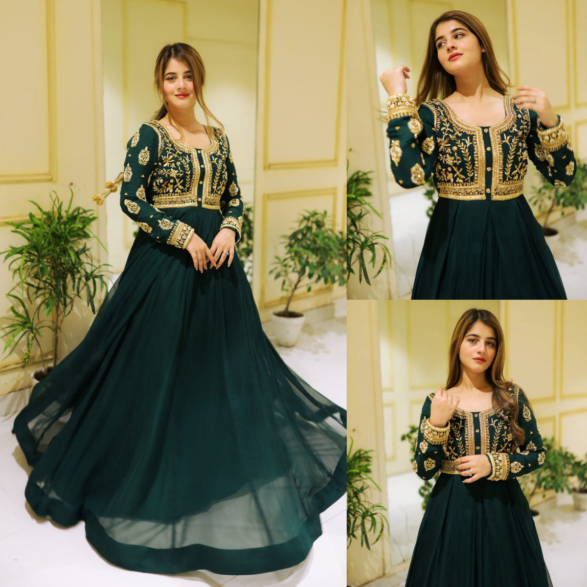 Front Sequin Neck & Sleeves Embroidered Chiffon Maxi with Trouser Set (2PC)