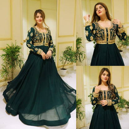 Front Sequin Neck & Sleeves Embroidered Chiffon Maxi with Trouser Set (2PC)