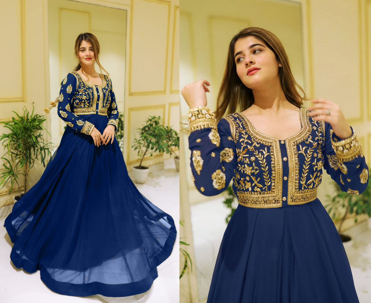 Front Sequin Neck & Sleeves Embroidered Chiffon Maxi with Trouser Set (2PC)