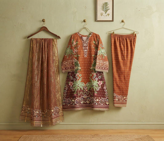 Rust & Terracotta Botanical Printed Lawn Frock & Farshi Shalwar Set (3PC)