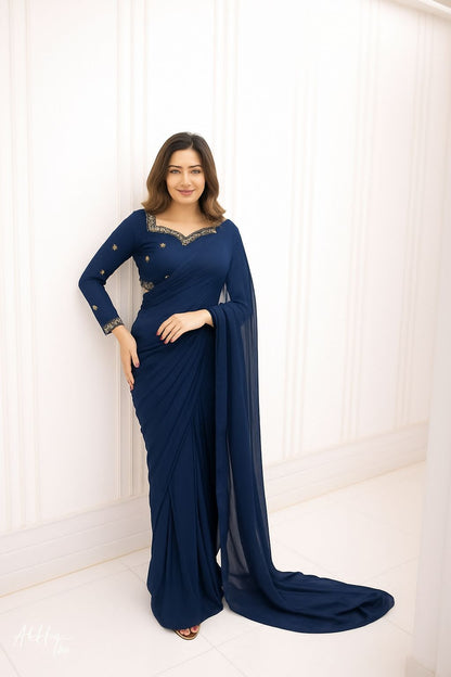 Star Embroidered Shamose Silk & Chiffon Pleated Saree Set (3PC)