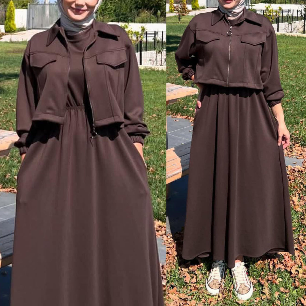 Winter Arrival Zipper Jacket & Sleeveless Long Frock Fleece Set (2Pc)