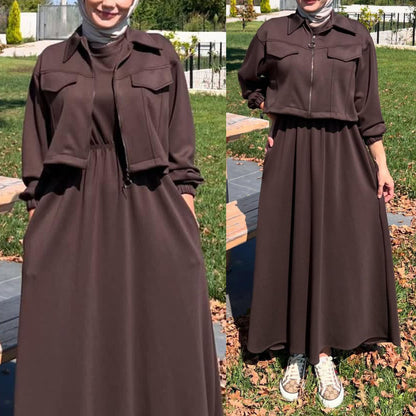 Winter Arrival Zipper Jacket & Sleeveless Long Frock Fleece Set (2Pc)