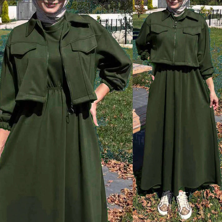 Winter Arrival Zipper Jacket & Sleeveless Long Frock Fleece Set (2Pc)