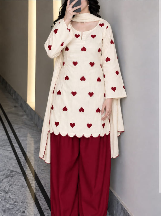 Heart Printed Lawn Farshi Shalwar Set (3PC)