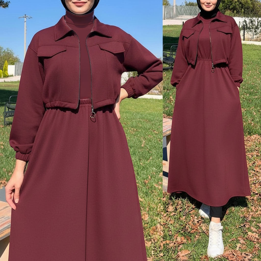 Winter Arrival Zipper Jacket & Sleeveless Long Frock Fleece Set (2Pc)