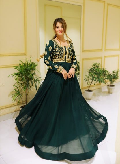 Front Sequin Neck & Sleeves Embroidered Chiffon Maxi with Trouser Set (2PC)