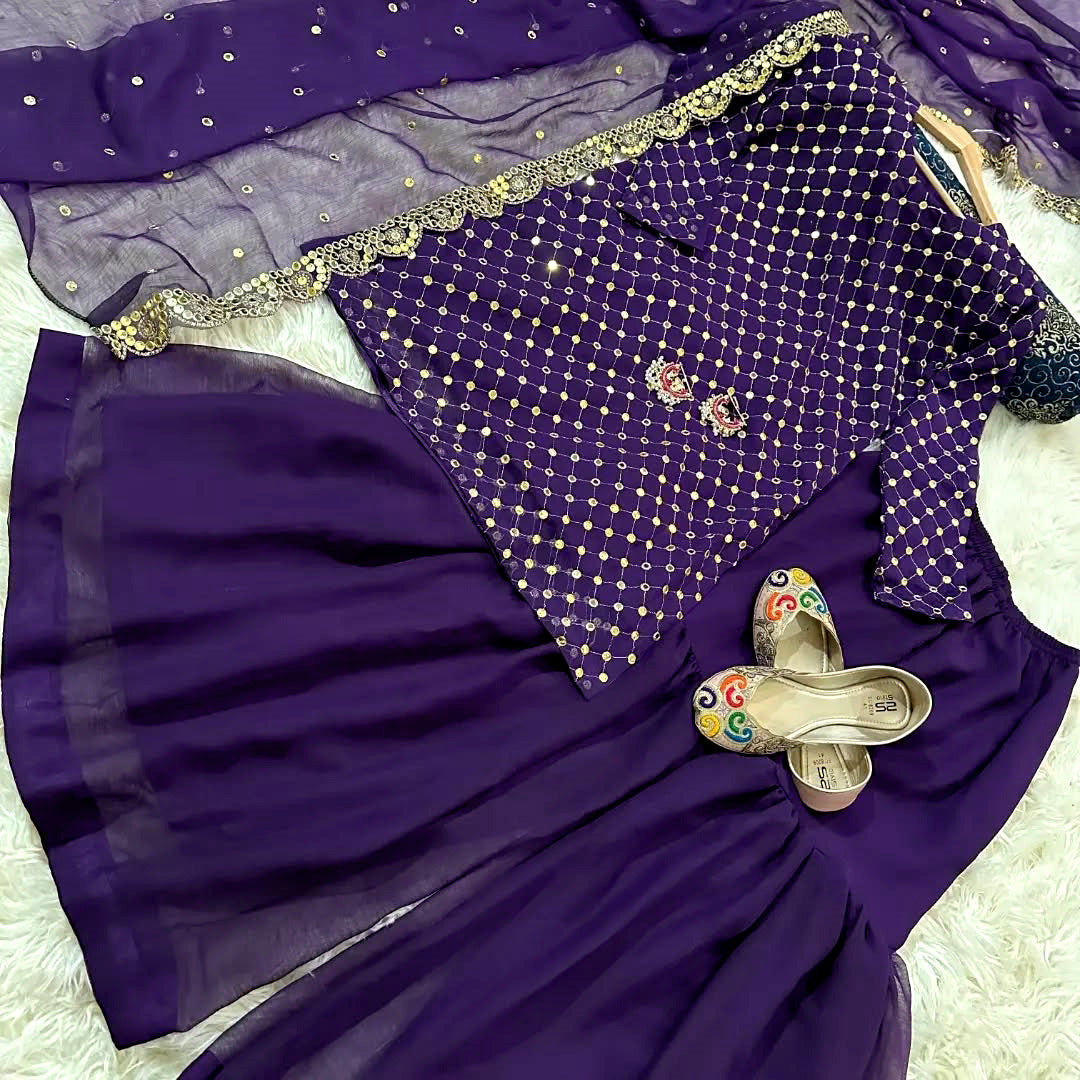 3-Piece 9MM Sequin Embroidered Chiffon Shirt & Sharara/Garara Set with Cut-Work Dupatta