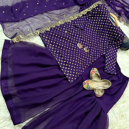 3-Piece 9MM Sequin Embroidered Chiffon Shirt & Sharara/Garara Set with Cut-Work Dupatta