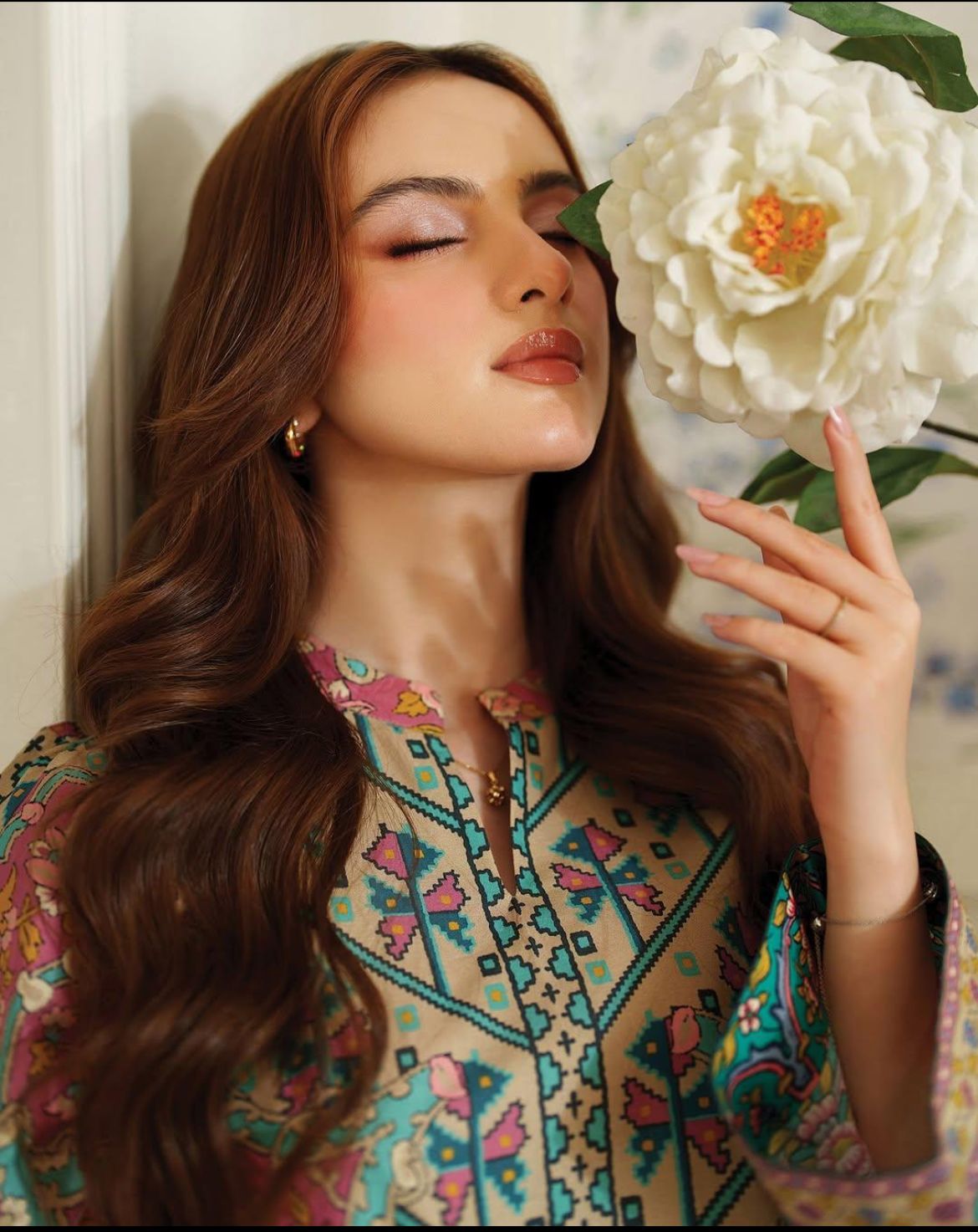 Teal & Coral Floral Medallion Printed Kurta & Farshi - Ethnic Summer Lawn
