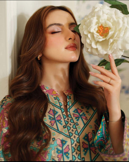 Teal & Coral Floral Medallion Printed Kurta & Farshi - Ethnic Summer Lawn