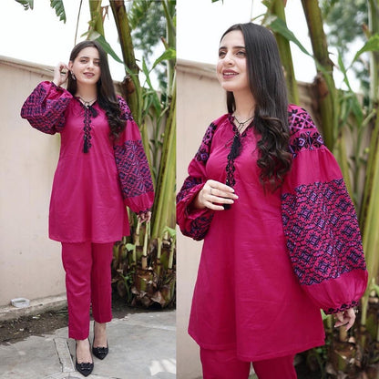 Boho-inspired Jabla Sleeve Embroidered Shirt & Trouser Set (2PC)