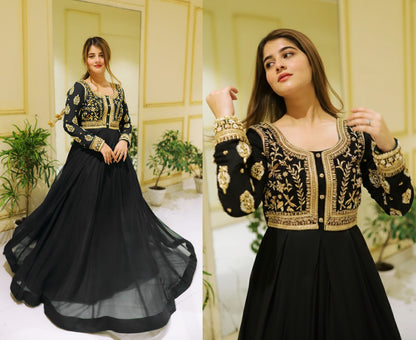 Front Sequin Neck & Sleeves Embroidered Chiffon Maxi with Trouser Set (2PC)