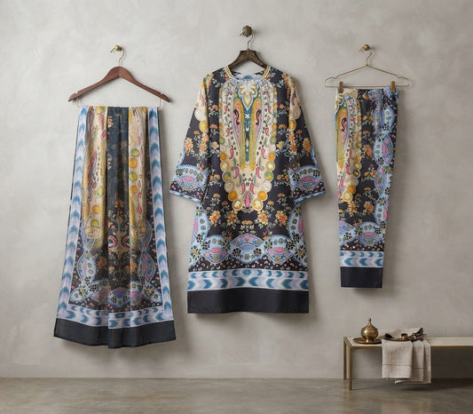Midnight Black Vintage Paisley Printed Lawn Frock & Farshi Shalwar Set (3PC)