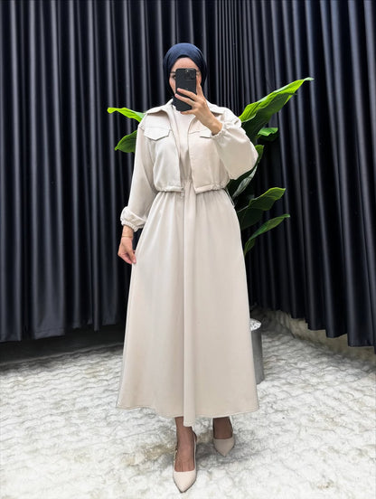 Winter Arrival Zipper Jacket & Sleeveless Long Frock Fleece Set (2Pc)