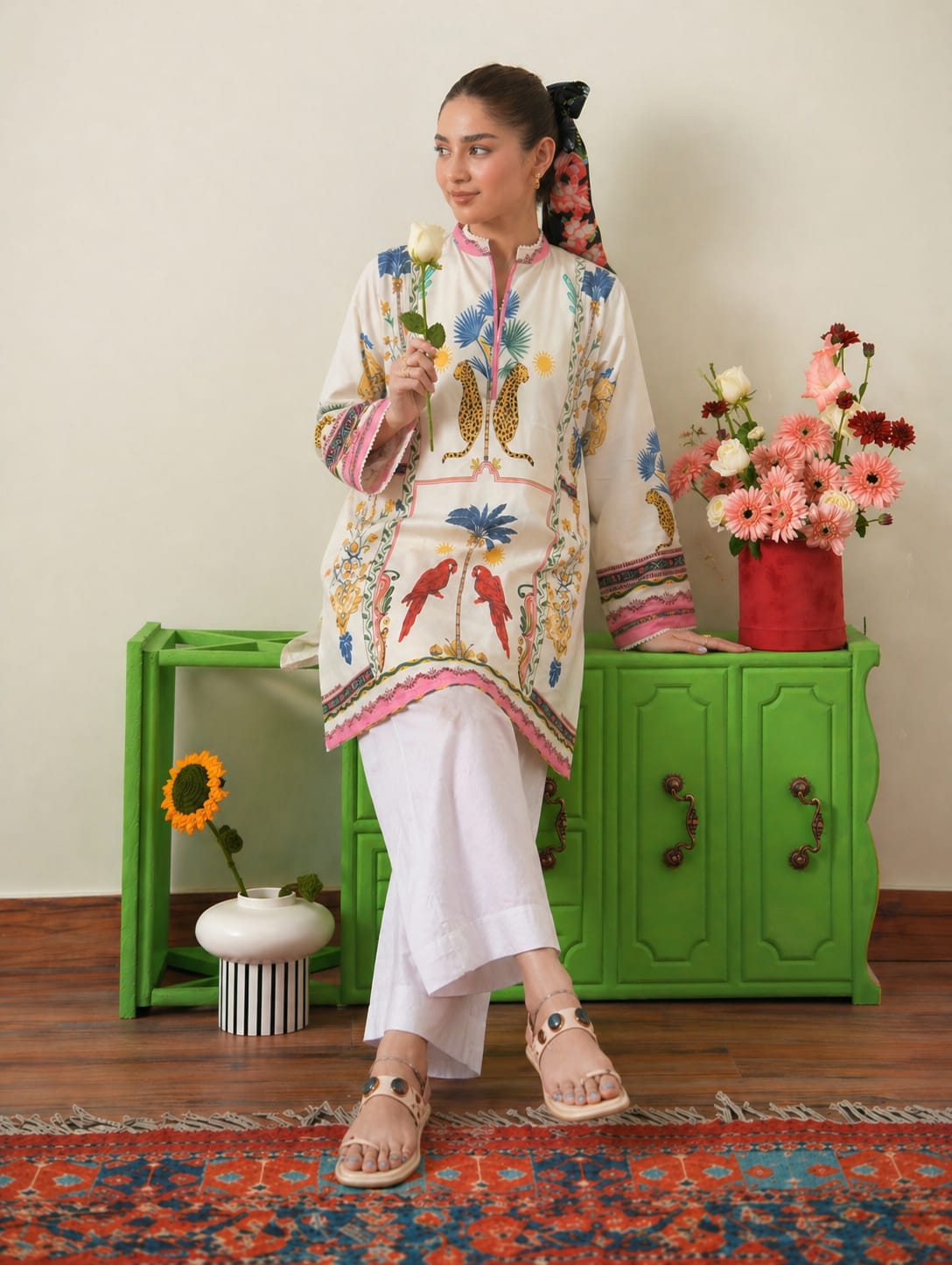 Tropical Safari Kurta & Farshi Shalwar | Ecru & Pink