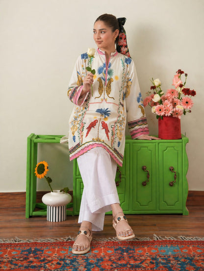 Tropical Safari Kurta & Farshi Shalwar | Ecru & Pink