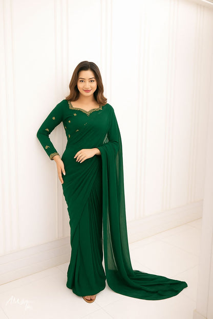 Star Embroidered Shamose Silk & Chiffon Pleated Saree Set (3PC)