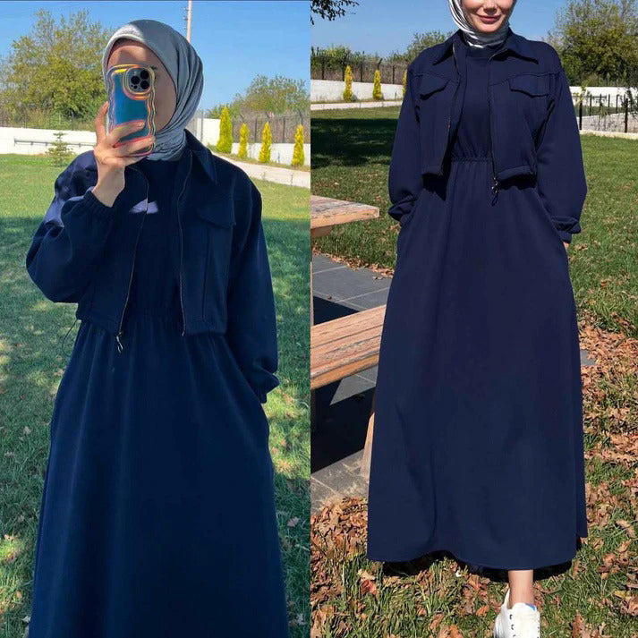 Winter Arrival Zipper Jacket & Sleeveless Long Frock Fleece Set (2Pc)