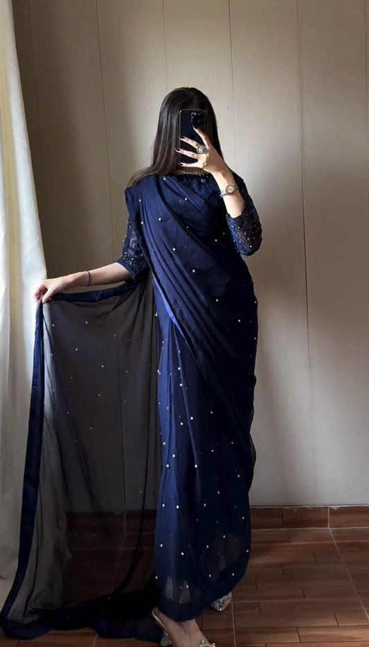 Pearl Embellished Pearl-Work Stitched Saree Set (3PC)