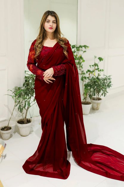 Pearl Embellished Pearl-Work Stitched Saree Set (3PC)