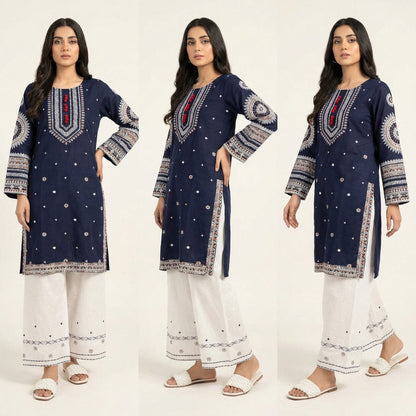 Midnight Blue Embroidered Kurti & White Farshi Shalwar Set – 2 Piece Ethnic Wear