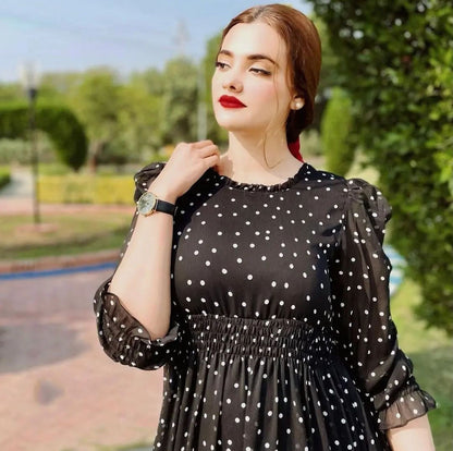 Polka Dot Printed Chiffon Tiered Maxi Dress with Attached Inner