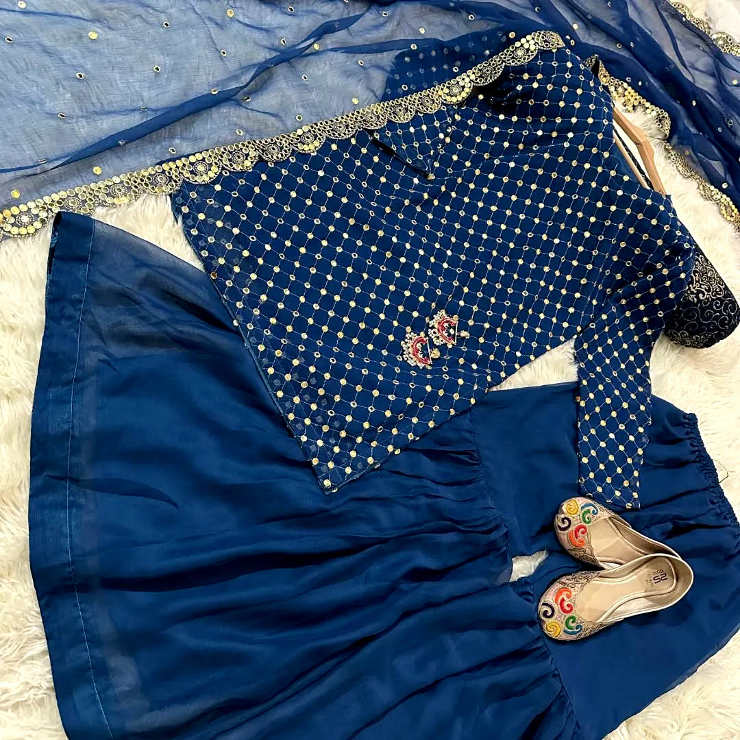 3-Piece 9MM Sequin Embroidered Chiffon Shirt & Sharara/Garara Set with Cut-Work Dupatta