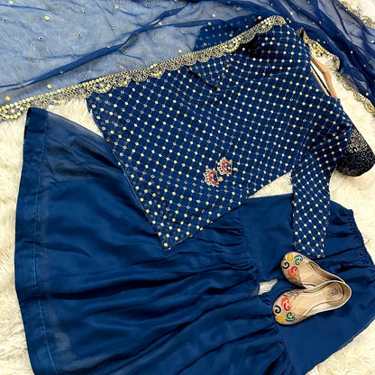 3-Piece 9MM Sequin Embroidered Chiffon Shirt & Sharara/Garara Set with Cut-Work Dupatta