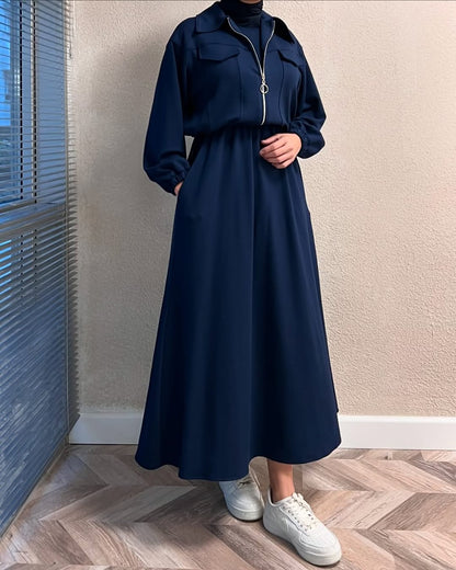 Winter Arrival Zipper Jacket & Sleeveless Long Frock Fleece Set (2Pc)
