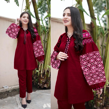 Boho-inspired Jabla Sleeve Embroidered Shirt & Trouser Set (2PC)