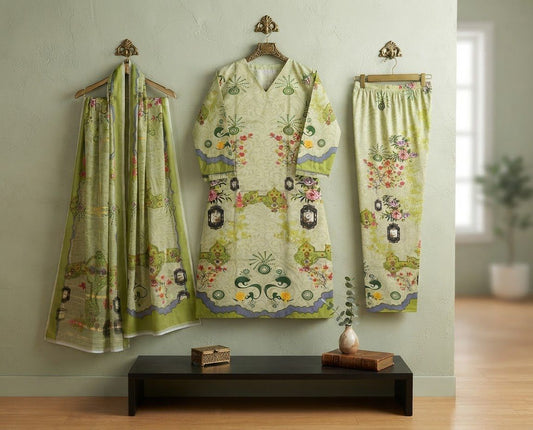 Lime Green Botanical Printed Lawn Frock & Farshi Shalwar Set (3PC)