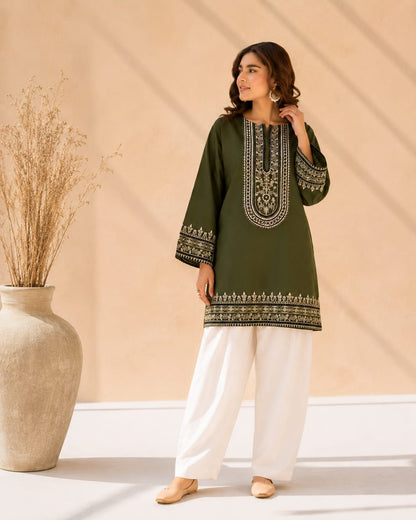 Olive Green Embroidered Kurti with Off-White Shalwar – 2 Piece Designer Suit
