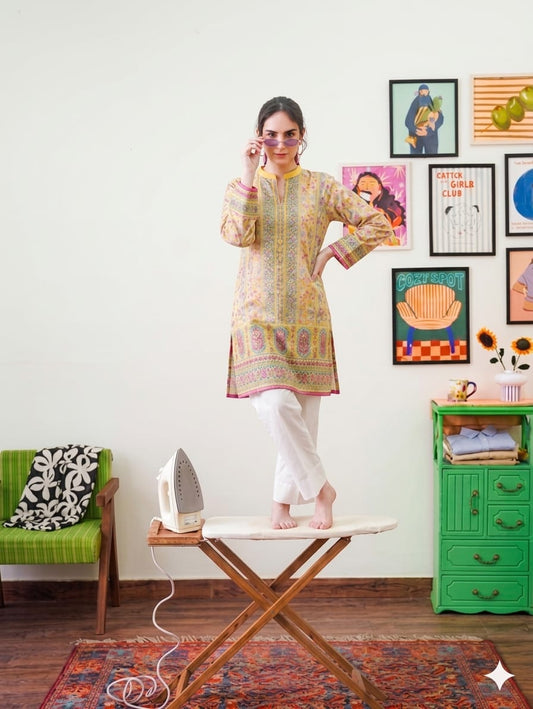 Golden Meadow Ethnic Kurta & Farshi Shalwar | Mustard & Magenta